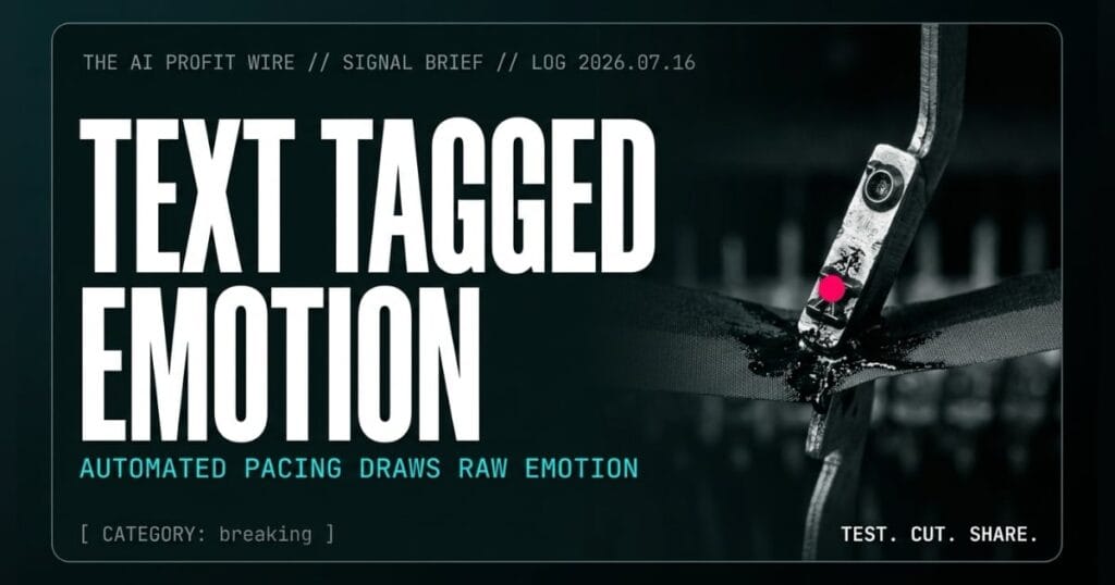 TEXT TAGGED EMOTION breaking signal card from The AI Profit Wire, typewriter typebar striking inked ribbon, Executive Data-Noir cyber-noir design.