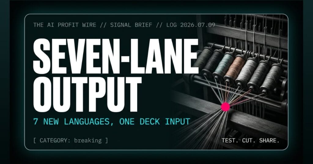 SEVEN-LANE OUTPUT breaking signal card from The AI Profit Wire, 7 thread spools converging into one woven bolt on a mechanical loom, Executive Data-Noir cyber-noir design.