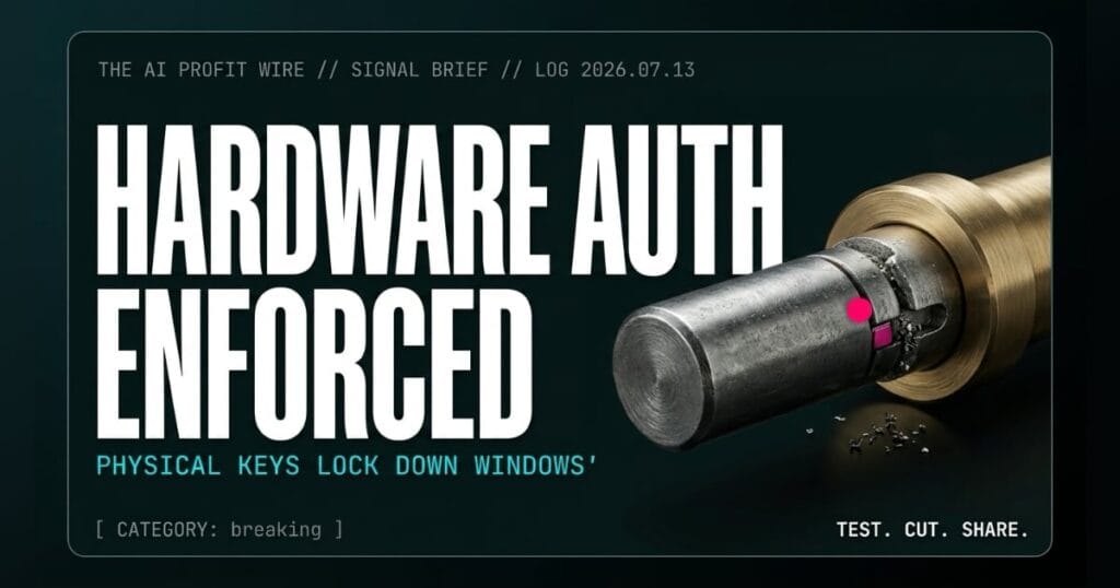 HARDWARE AUTH ENFORCED breaking signal card from The AI Profit Wire, forged steel deadlock bolt locking into brass cylinder, Executive Data-Noir cyber-noir design.