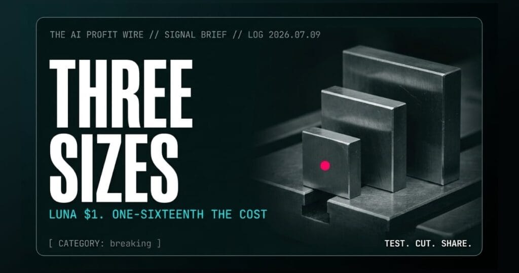 THREE SIZES breaking signal card from The AI Profit Wire, GPT-5.6 Luna starts at $1 per million tokens, Executive Data-Noir cyber-noir design