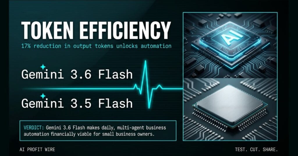 TOKEN EFFICIENCY composite_h signal card from The AI Profit Wire, Gemini 3.6 Flash cost reduction, Executive Data-Noir design.