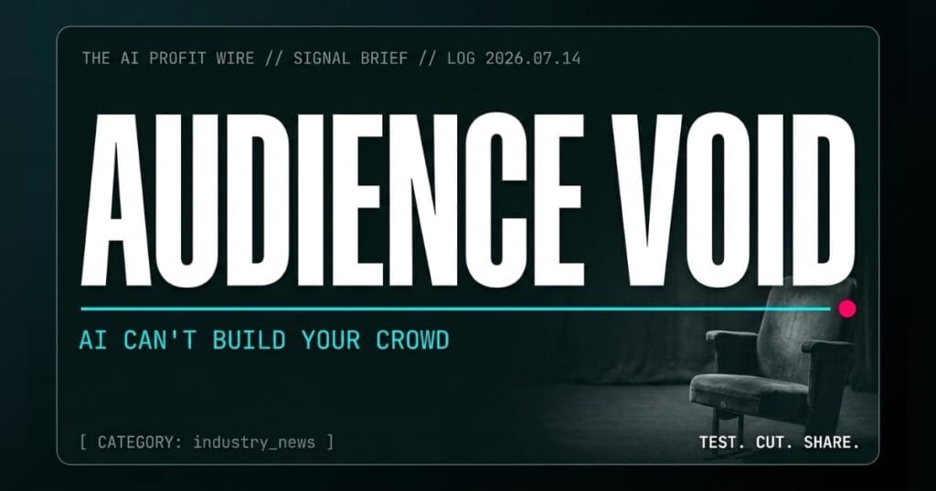 AUDIENCE VOID industry_news signal card from The AI Profit Wire, single empty auditorium seat facing an empty stage, Executive Data-Noir cyber-noir design.