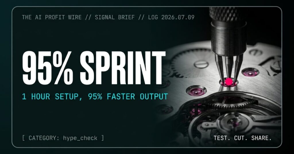 95% SPRINT hype_check signal card from The AI Profit Wire, master watchmaker's multi-jewel setting tool capturing simultaneous precision operations, Executive Data-Noir cyber-noir design.