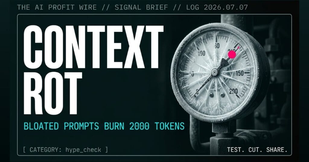 CONTEXT ROT hype_check signal card from The AI Profit Wire, frozen gauge showing agent memory failure, Executive Data-Noir cyber-noir design.
