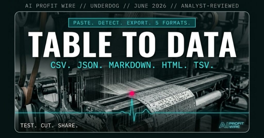 HTML table extractor free tool underdog signal card from The AI Profit Wire showing CSV JSON Markdown export in cyber-noir design