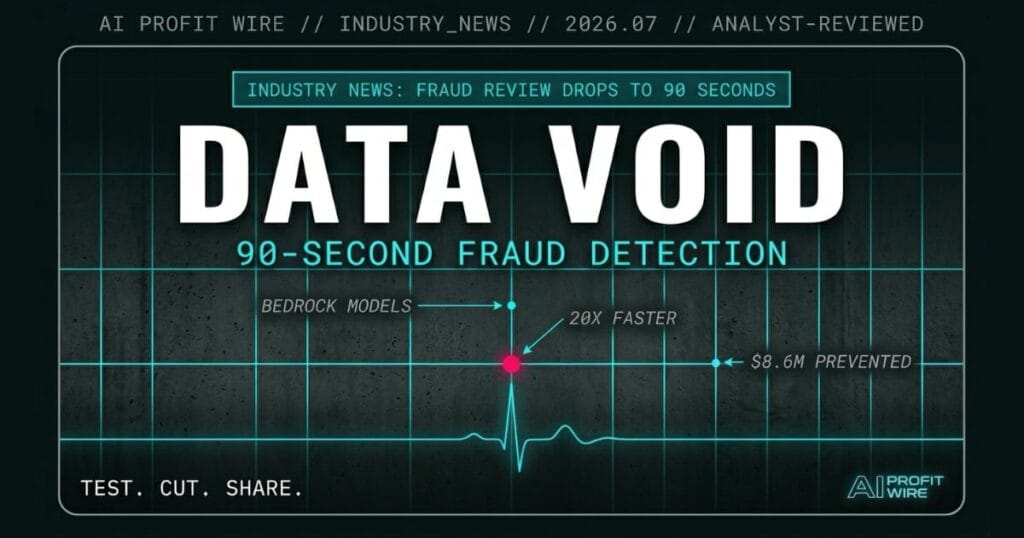 Inscribe fraud detection signal card from The AI Profit Wire showing 90-second document review, cyber-noir design