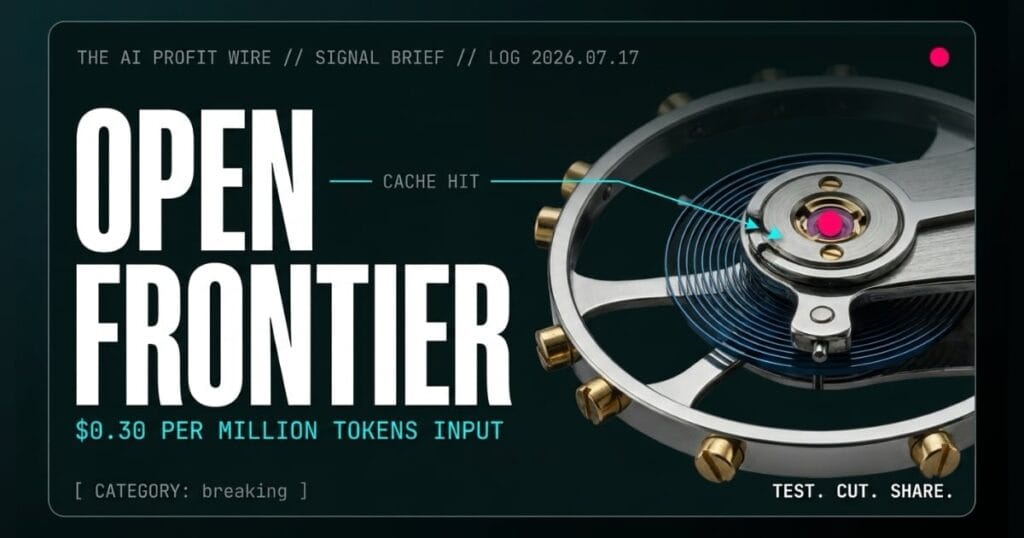OPEN FRONTIER breaking signal card from The AI Profit Wire, macro watchmaking balance wheel with blued steel hairspring shearing across escapement jewel, Executive Data-Noir cyber-noir design.
