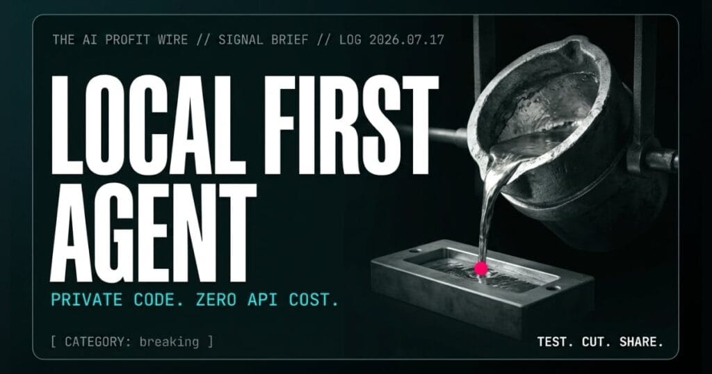 LOCAL FIRST AGENT breaking signal card from The AI Profit Wire, a cast-iron mechanical safe dial mid-rotation, Executive Data-Noir cyber-noir design.
