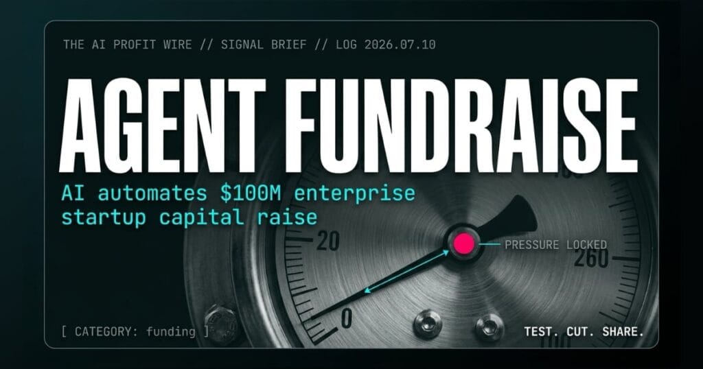 AGENT FUNDRAISE funding signal card from The AI Profit Wire, $100M automated capital raise, Executive Data-Noir cyber-noir design.