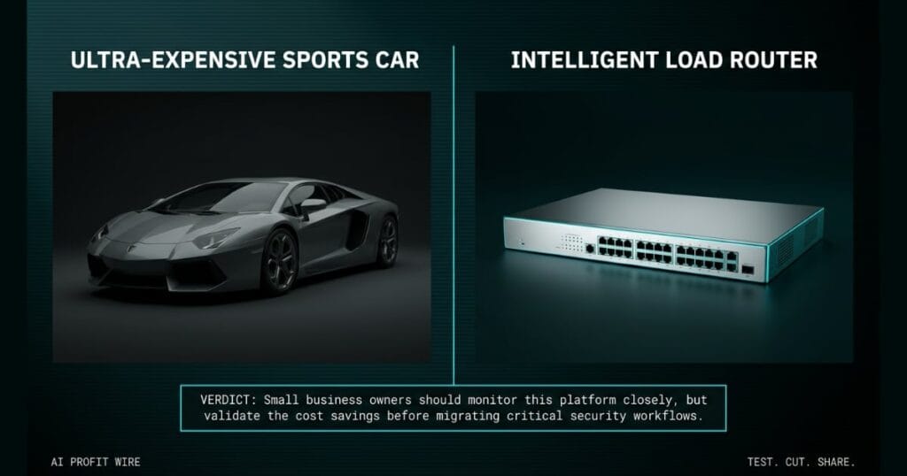COST ARBITRAGE comparison_bridge_j signal card from The AI Profit Wire, an expensive sports car versus an intelligent network router, Executive Data-Noir design.