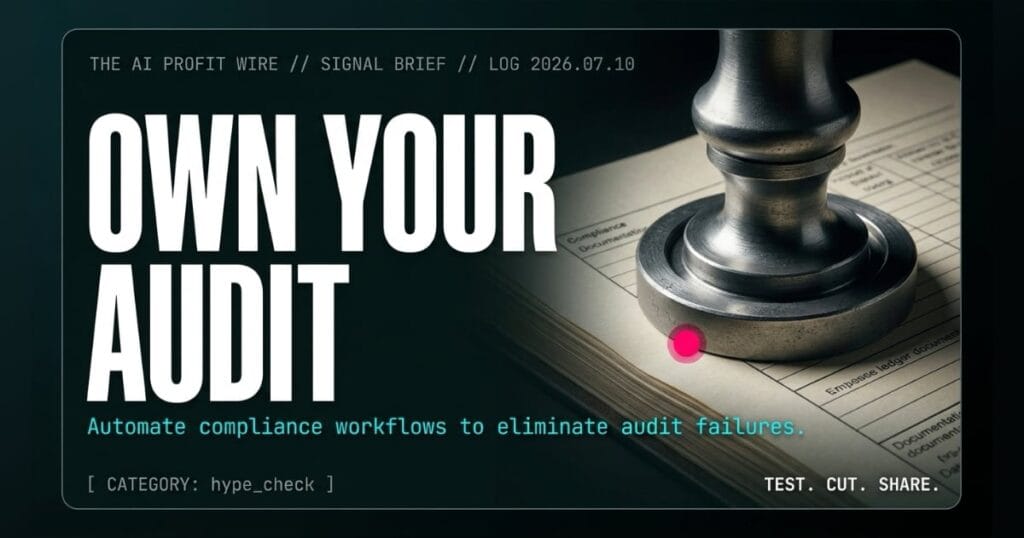 OWN YOUR AUDIT hype_check signal card from The AI Profit Wire, heavy steel embossing seal locking a compliance ledger page, Executive Data-Noir cyber-noir design.