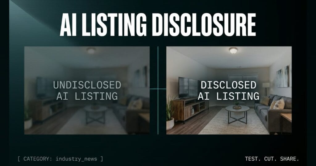 AI LISTING DISCLOSURE industry_news signal card from The AI Profit Wire, undisclosed vs disclosed AI listing, Executive Data-Noir cyber-noir design.