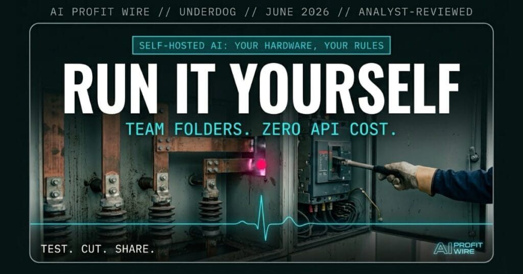 Open WebUI v0.10.0 self-hosted AI underdog signal card from The AI Profit Wire showing team folders and context compaction in cyber-noir design