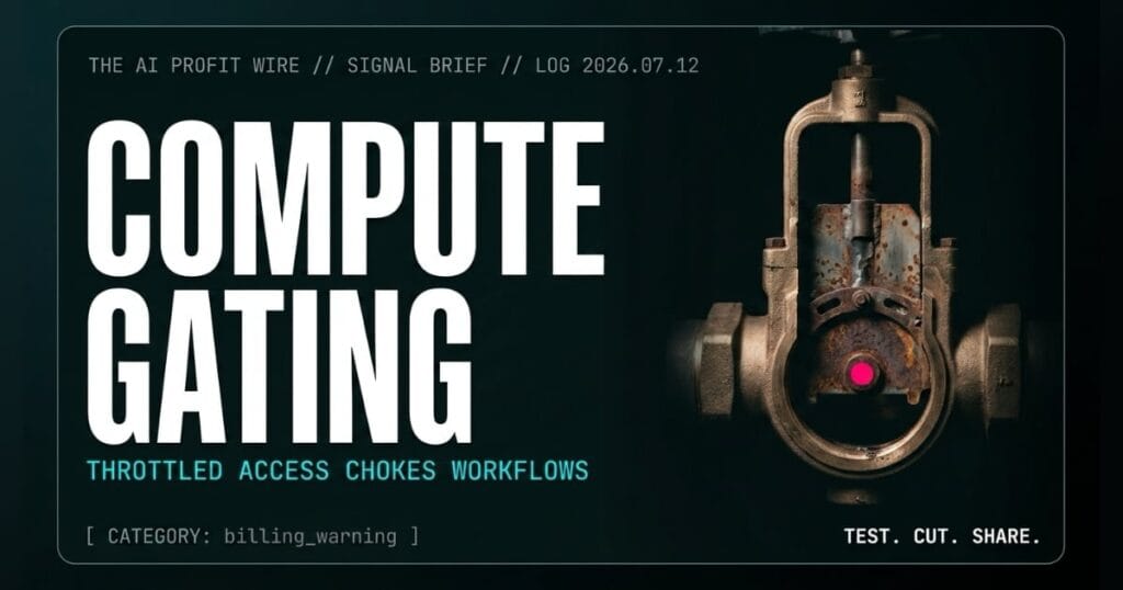 COMPUTE GATING billing_warning signal card from The AI Profit Wire, industrial valve rusted mid-slide restricting access, Executive Data-Noir cyber-noir design.