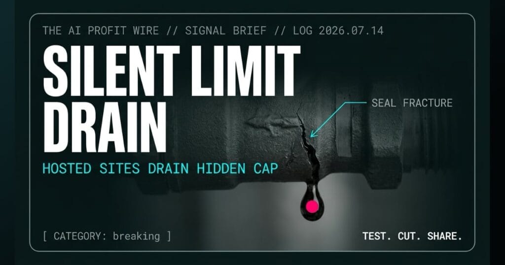 SILENT LIMIT DRAIN breaking signal card from The AI Profit Wire, cracked industrial valve weeping oil, Executive Data-Noir cyber-noir design.