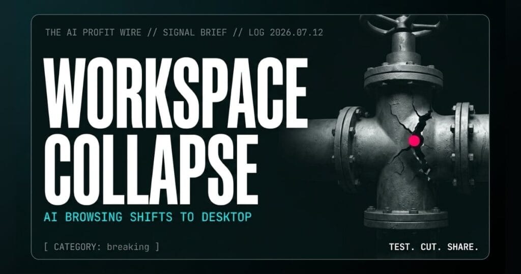 WORKSPACE COLLAPSE breaking signal card from The AI Profit Wire, a massive industrial steel valve shearing apart, Executive Data-Noir cyber-noir design.