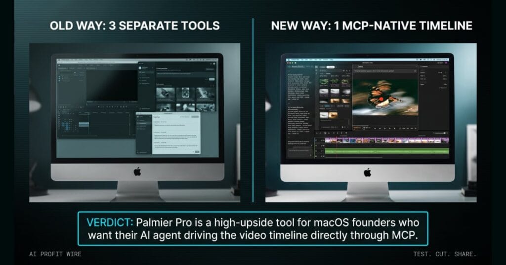 AGENT DRIVES TIMELINE underdog signal card from The AI Profit Wire, iMac showing 3 apps vs 1 Palmier Pro timeline, Executive Data-Noir design.