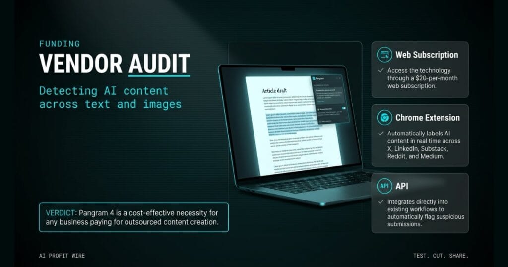 VENDOR AUDIT logo_ledger_k featured signal card from The AI Profit Wire, Pangram 4 AI content detection on laptop screen, Executive Data-Noir design.