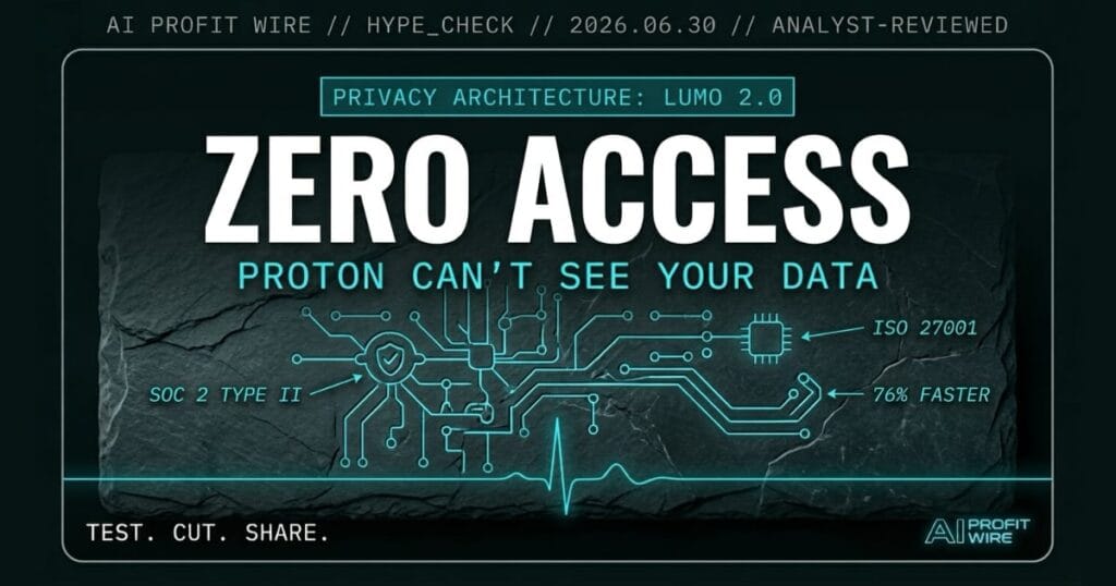 Proton Lumo 2.0 privacy chatbot signal from The AI Profit Wire showing zero access encryption in cyber-noir blueprint design