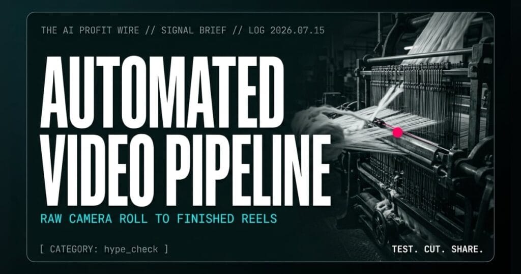 AUTOMATED VIDEO PIPELINE hype_check signal card from The AI Profit Wire, raw camera roll to finished reels, Executive Data-Noir cyber-noir design.