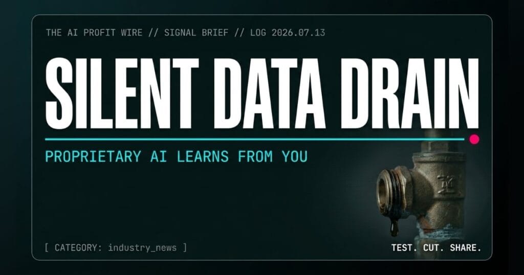 SILENT DATA DRAIN industry_news signal card from The AI Profit Wire, proprietary AI vendors learning from user data, Executive Data-Noir cyber-noir design.