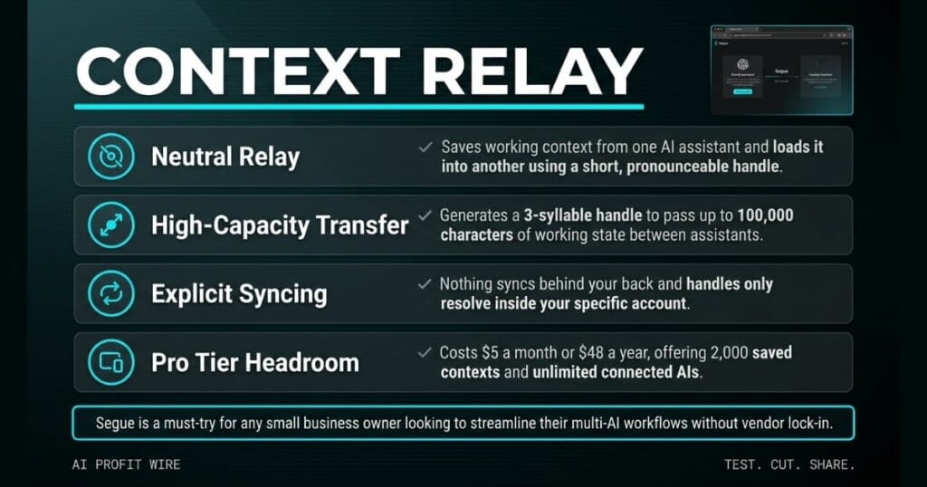 CONTEXT RELAY logo_ledger_k signal card from The AI Profit Wire, 100,000-character context relay handle, Executive Data-Noir design.