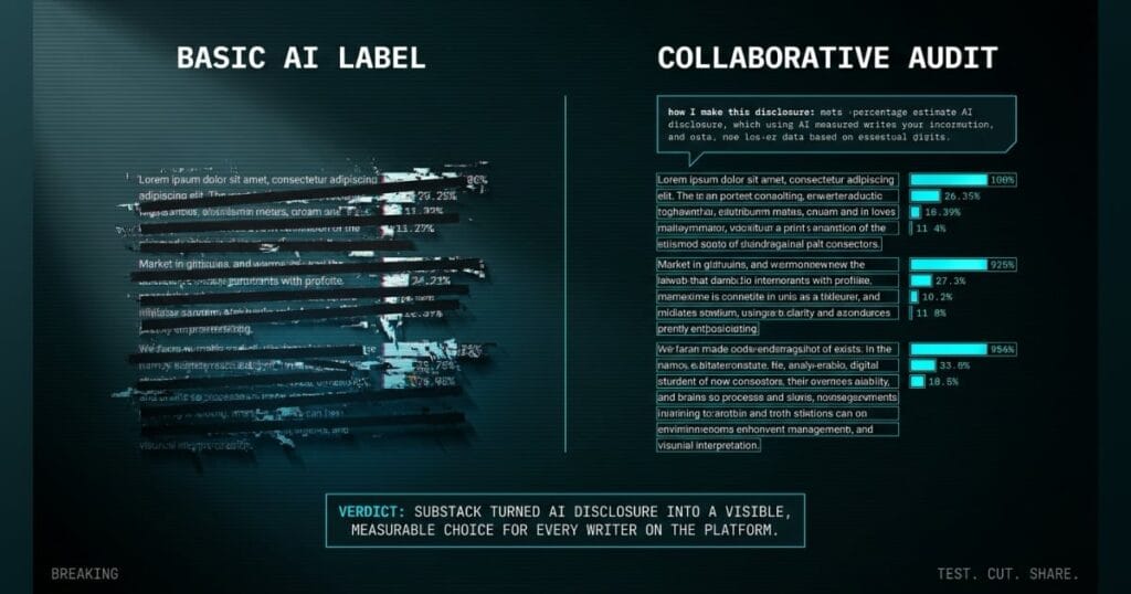 AI DISCLOSURE VISIBLE comparison_bridge_j signal card from The AI Profit Wire, glitching censored text vs crystalline transparent Pangram audit with measurement bars, Executive Data-Noir design.