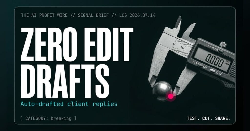 ZERO EDIT DRAFTS breaking signal card from The AI Profit Wire, caliper locking on zero-deviation spec, Executive Data-Noir cyber-noir design.