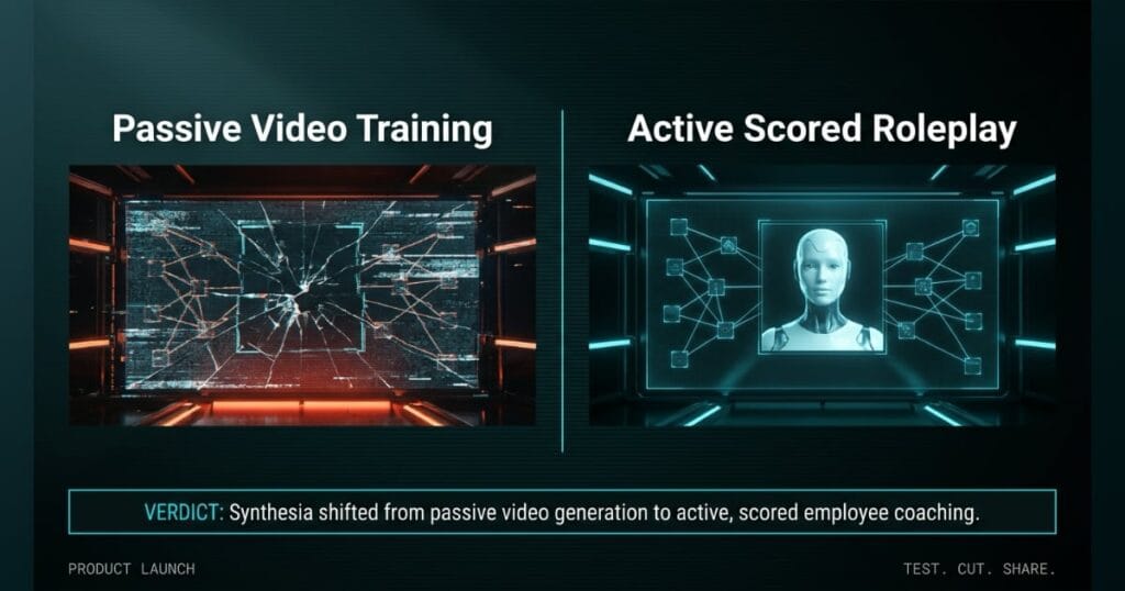 PASSIVE VIDEO TO SCORED ROLEPLAY comparison signal card from The AI Profit Wire, Synthesia shifted from passive video to scored roleplay, Executive Data-Noir design.