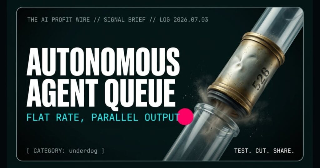 AUTONOMOUS AGENT QUEUE underdog signal card from The AI Profit Wire, single founder runs multiple AI coding agents, Executive Data-Noir cyber-noir design.