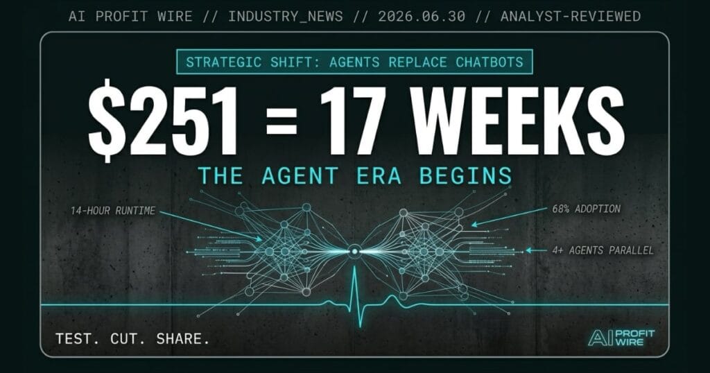 Twilight of the chatbots AI agents signal from The AI Profit Wire showing $251 equals 17 weeks of work in cyber-noir design