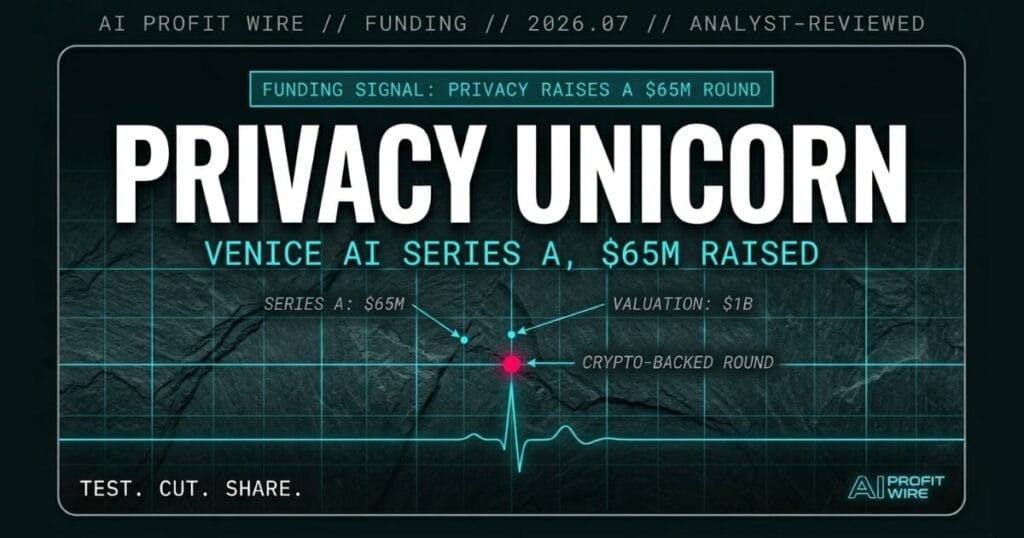 Venice AI funding signal card from The AI Profit Wire showing its $65M privacy-first raise, cyber-noir design