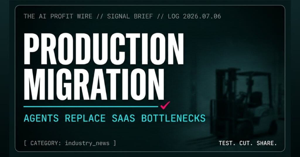 PRODUCTION MIGRATION industry_news signal card from The AI Profit Wire, 6M deployments half from coding agents, Executive Data-Noir cyber-noir design.