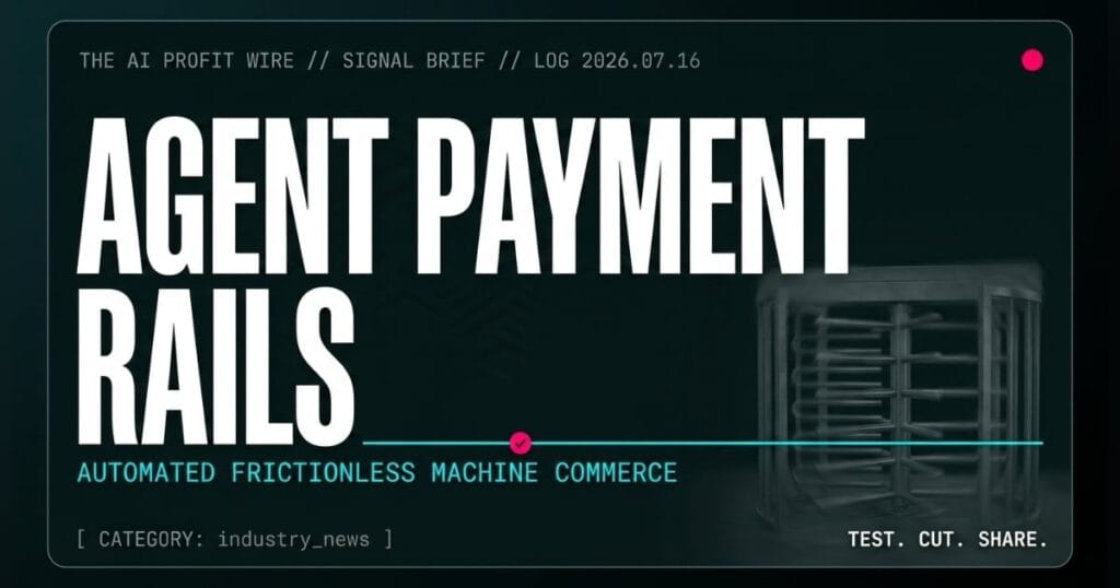 AGENT PAYMENT RAILS industry_news signal card from The AI Profit Wire, Visa and Google new standard for AI agent payments, Executive Data-Noir cyber-noir design.