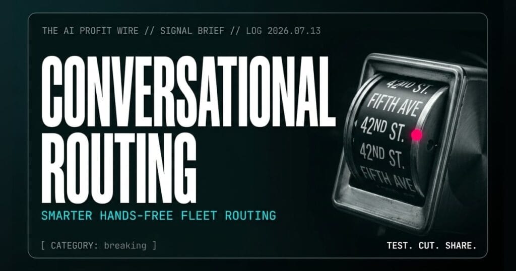 CONVERSATIONAL ROUTING breaking signal card from The AI Profit Wire, rotating dashboard route indicator, Executive Data-Noir cyber-noir design.