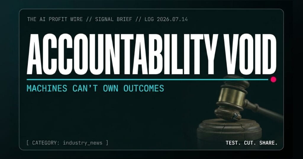 ACCOUNTABILITY VOID industry_news signal card from The AI Profit Wire, brass gavel resting on a cracked wooden block, Executive Data-Noir cyber-noir design.