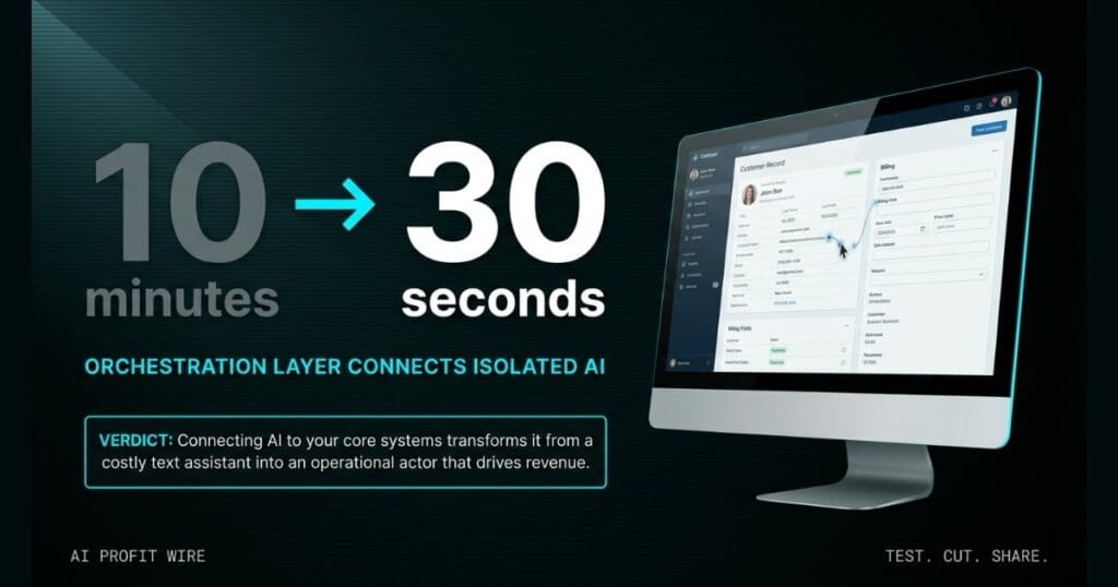 Graphic showing a time drop from 10 minutes to 30 seconds next to a desktop monitor displaying a CRM dashboard, with text explaining how connecting AI to core systems converts text assistants into revenue drivers. The AI PROFIT WIRE
