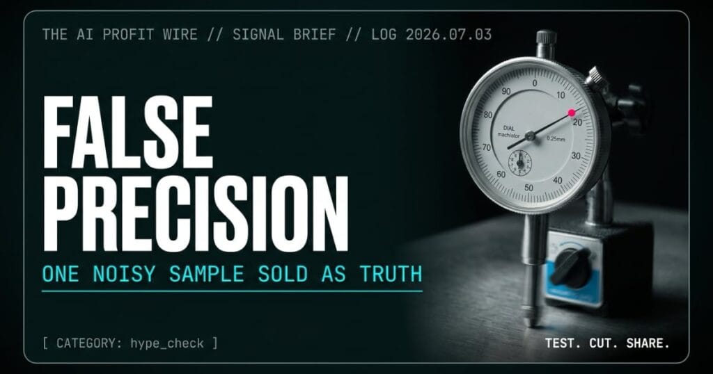 The AI Profit Wire featured card, FALSE PRECISION, a machinist dial gauge reading a surface that will not hold still, Executive Data-Noir cyber-noir design.
