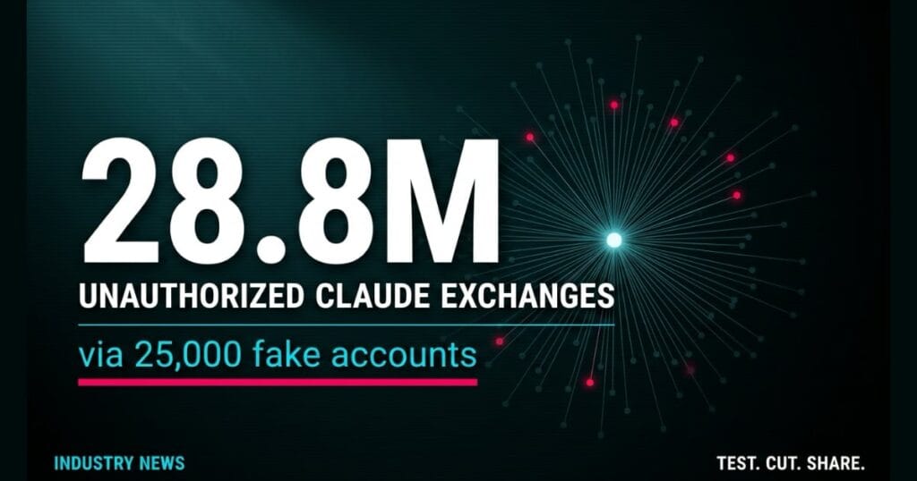 Dark teal infographic showing 28.8 million unauthorized Claude exchanges via 25,000 fake accounts, illustrating Anthropic's distillation fraud accusations against Chinese AI labs.