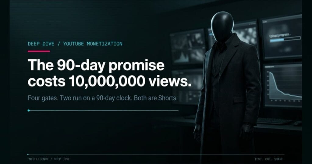Masked analyst in a dark editing suite beside the headline The 90-day promise costs 10,000,000 views, on YouTube monetization in 90 days.
