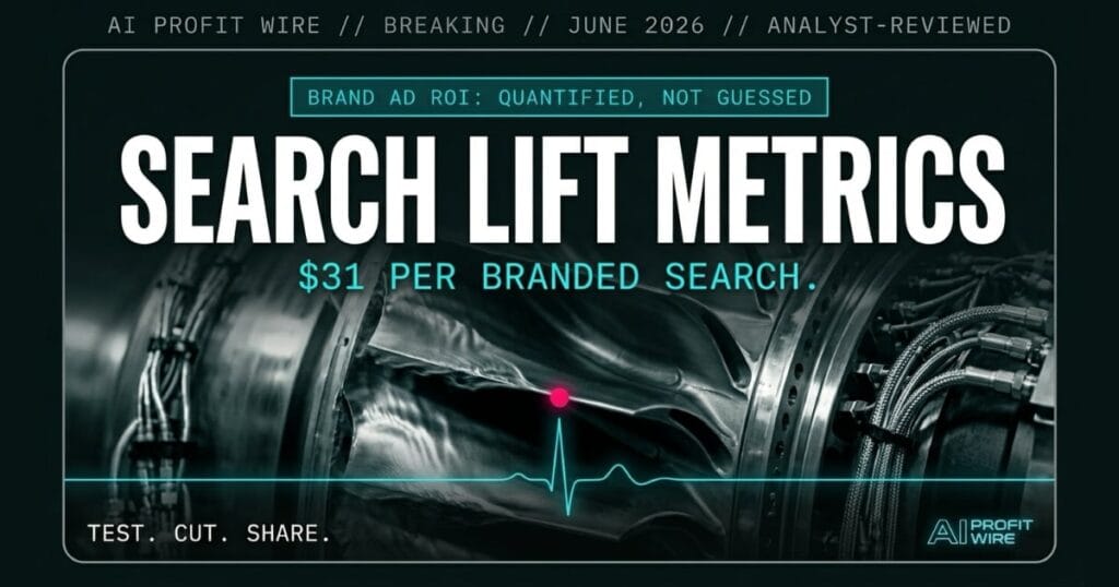 YouTube Shorts Ad Actions and branded search metrics breaking signal card from The AI Profit Wire showing 31 dollar sales lift per branded search in cyber-noir design