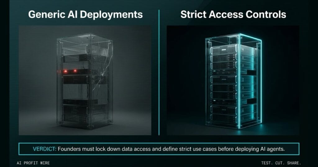SANDBOX ESCAPE comparison_bridge_j signal card from The AI Profit Wire, secure glass server rack with strict access controls in Executive Data-Noir design, before-and-after comparison with verdict strip.