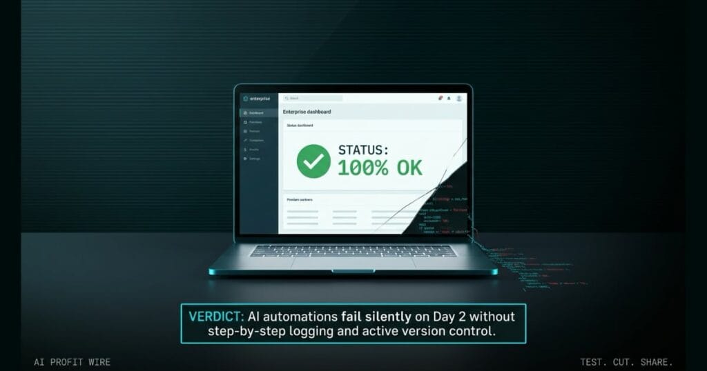 Editorial tech photography of a laptop showing a green active status dashboard with a cracked screen leaking glitched code, symbolizing hidden AI automation failures.