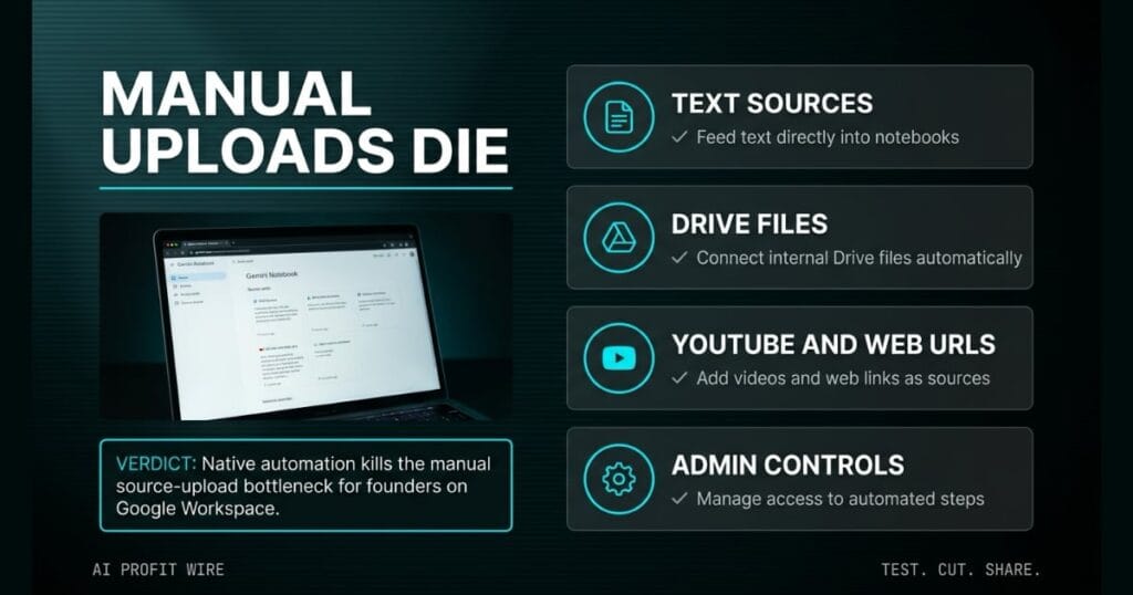 MANUAL UPLOADS DIE logo_ledger_k featured signal card from The AI Profit Wire, Gemini Notebook native source sync automation, Executive Data-Noir design.