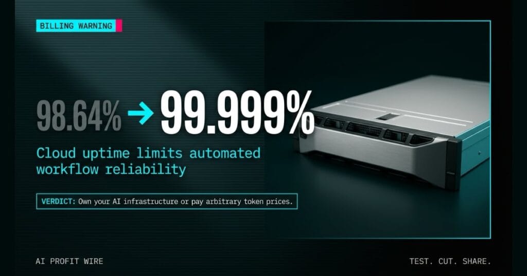 ARBITRARY TOKEN SPIKE transform signal card from The AI Profit Wire, server rack and 99.999% uptime, Executive Data-Noir design.