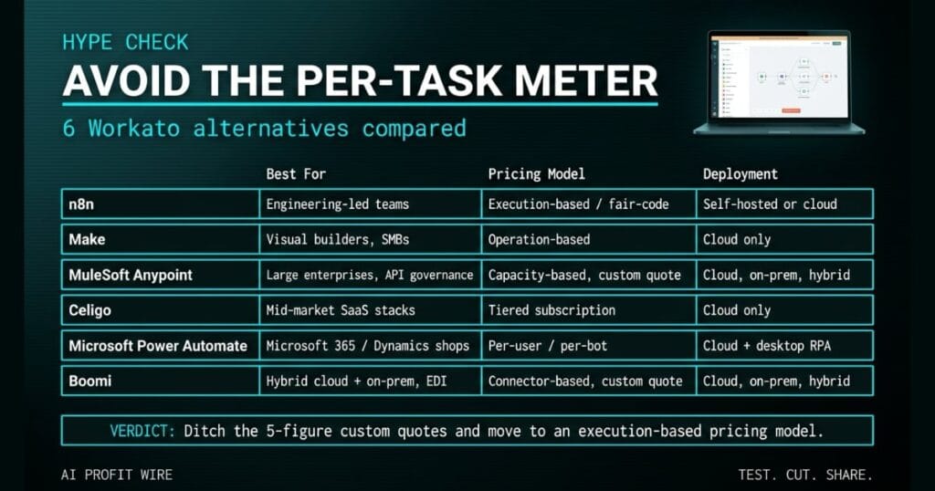 Featured comparison table titled AVOID THE PER-TASK METER evaluating 6 Workato alternatives alongside a laptop workflow graphic and a verdict bar on a dark teal canvas.