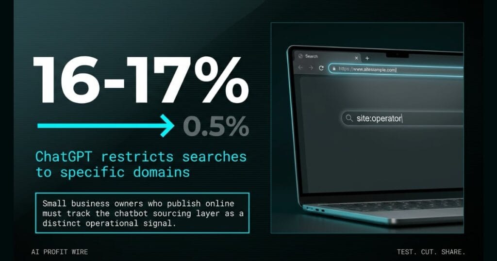Data graphic on a dark teal background with a photo of a laptop on the right showing a search bar with "site:operator". The left side features bold text reading "16-17%" with an arrow pointing to "0.5%", followed by the headline "ChatGPT restricts searches to specific domains" and a framed text box stating: "Small business owners who publish online must track the chatbot sourcing layer as a distinct operational signal." Footer reads "AI PROFIT WIRE" on the left and "TEST. CUT. SHARE." on the right.