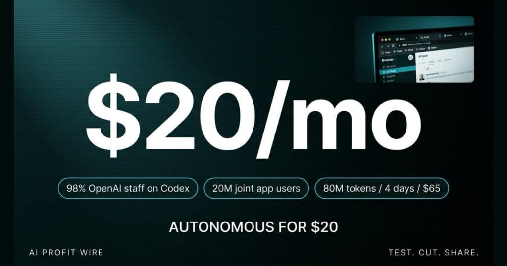 Dark teal graphic featuring a prominent white "$20/mo" hero stat alongside three cyan metric pills reading "98% OpenAI staff on Codex", "20M joint app users", and "80M tokens / 4 days / $65", anchored above the text "AUTONOMOUS FOR $20" with branding for "AI PROFIT WIRE" and "TEST. CUT. SHARE." in the footer.