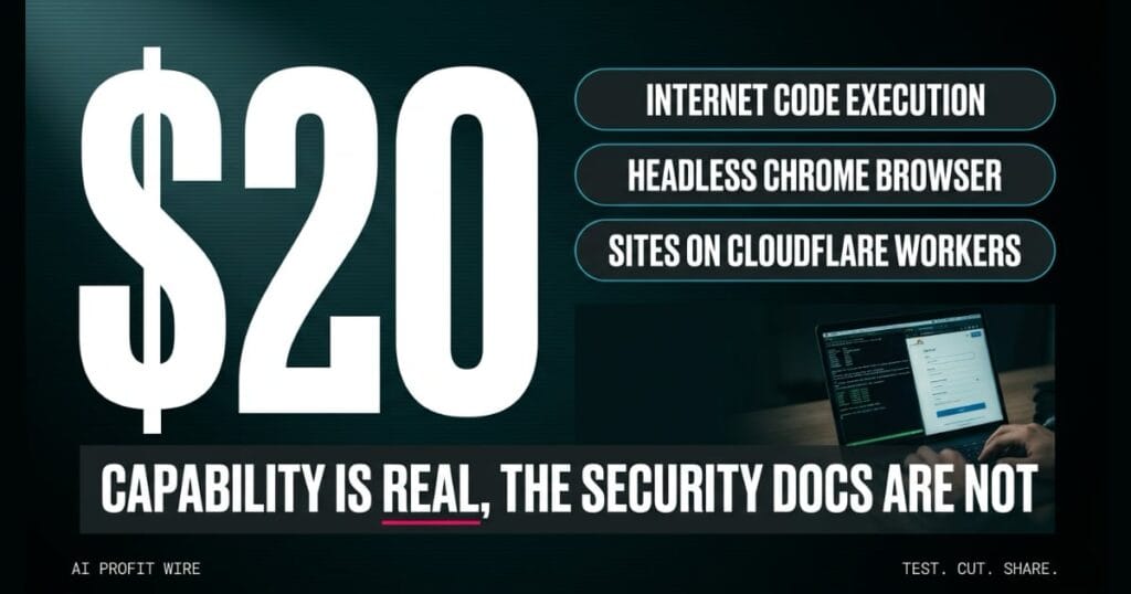Data-noir editorial tech graphic featuring a large $20 text statistic alongside bulleted points on internet code execution, headless Chrome browser, and Cloudflare Workers, with a photo of a developer at a laptop terminal.