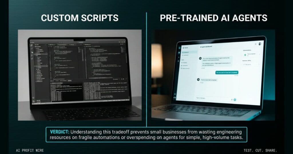 CUSTOM SCRIPTS VS AI AGENTS comparison signal card from The AI Profit Wire, cluttered code editor versus clean AI agent dashboard, Executive Data-Noir design.